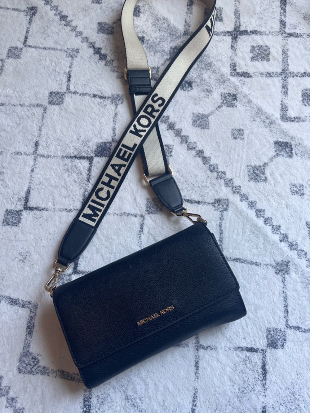 Michael Kors Black Leather Crossbody with Cream Logo Strap